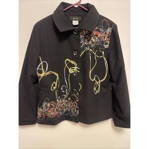 Bala Bala Black Blazer Jacket Sz  S Poly - Wool Colorful Yarn Art Work Lined